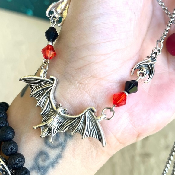 Silver Bat choker necklace . Double layer onyx chips & bats Handmade goth boho - Picture 15 of 16